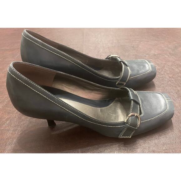 Vintage Y2K Nine West Leather Buckle Kitten Heels Gray Square Toe Pumps 8.5 M - Picture 2 of 9